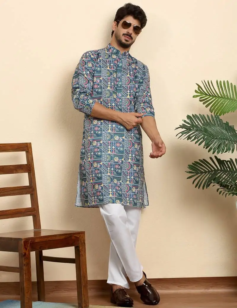Cotton blend geometric printed blue kurta with pyjamas