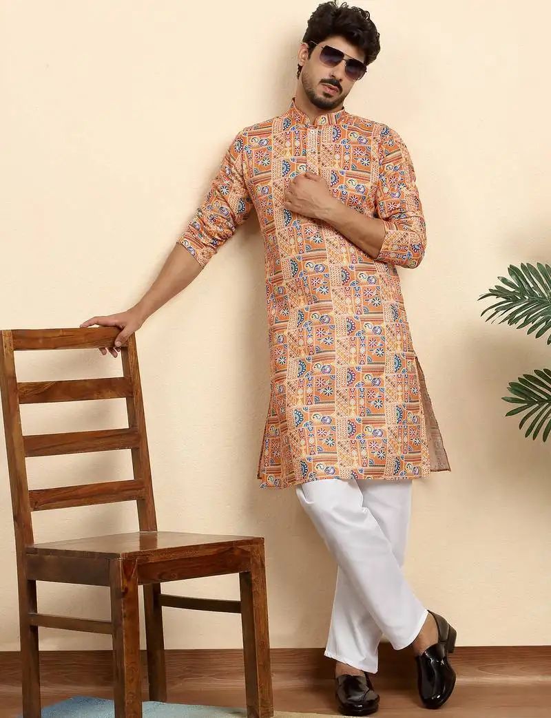 Cotton blend geometric printed orange kurta with pyjamas
