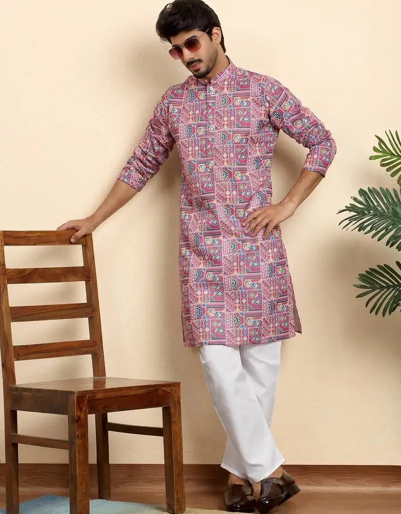 Cotton blend geometric printed pink kurta with pyjamas