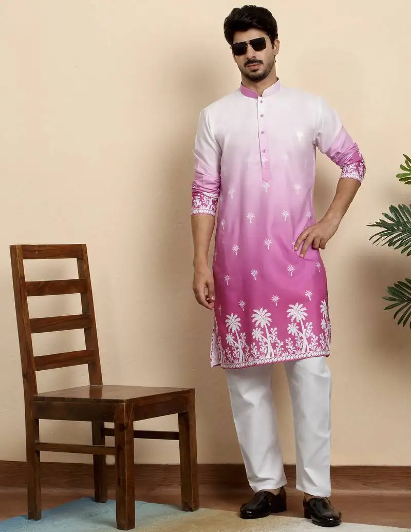 Cotton blend ombre printed pink kurta with pyjamas