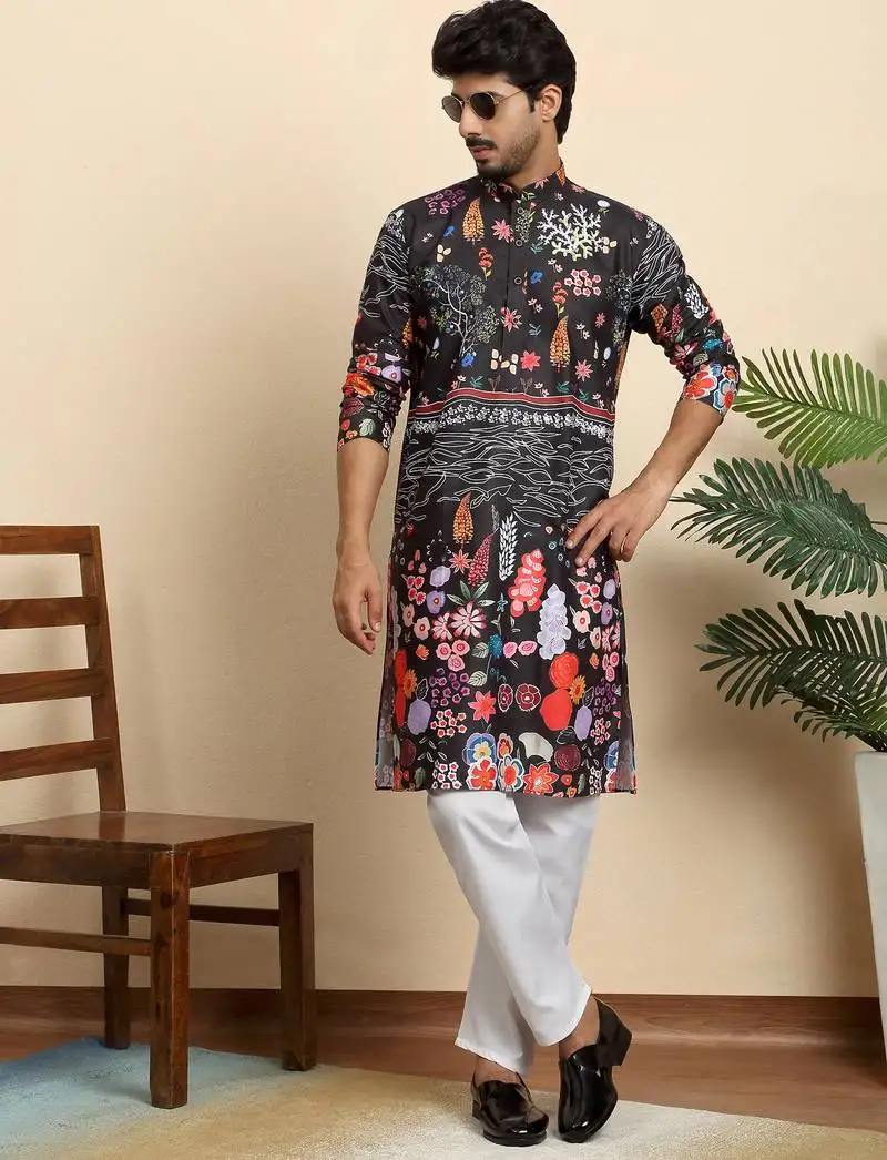 Floral print cotton blend ethnic wear black kurta with pyjamas