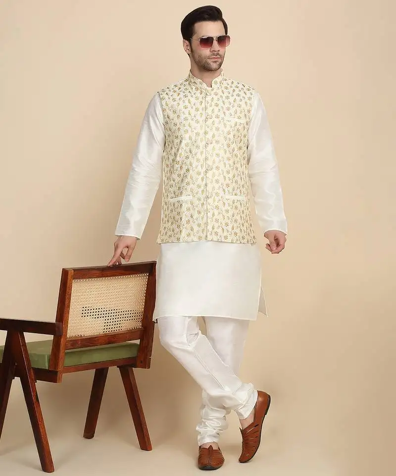 Silk blend solid cream kurta and churidar with zari embroidered cream nehru jacket