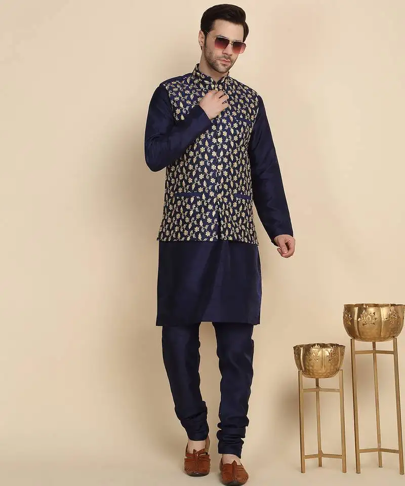 Silk blend solid navy blue kurta and churidar with zari embroidered navy blue nehru jacket