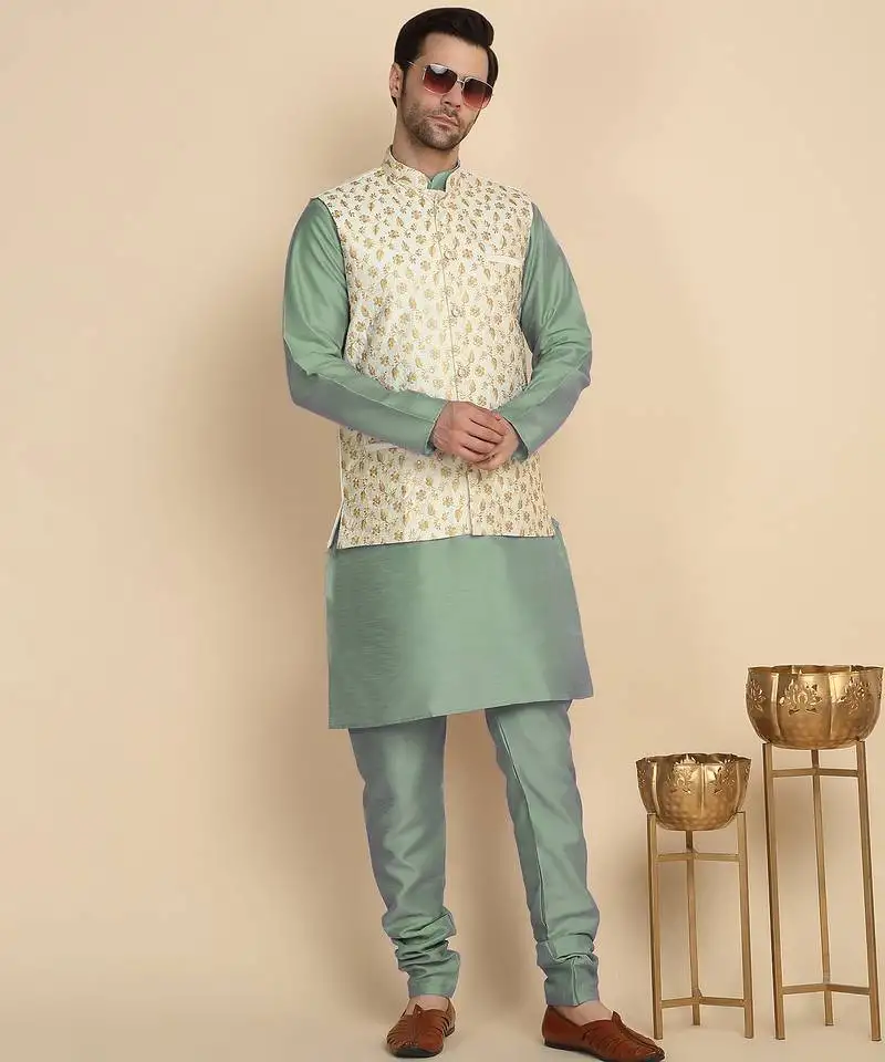 Silk blend solid olive green kurt and churidar with zari embroidered cream nehru jacket