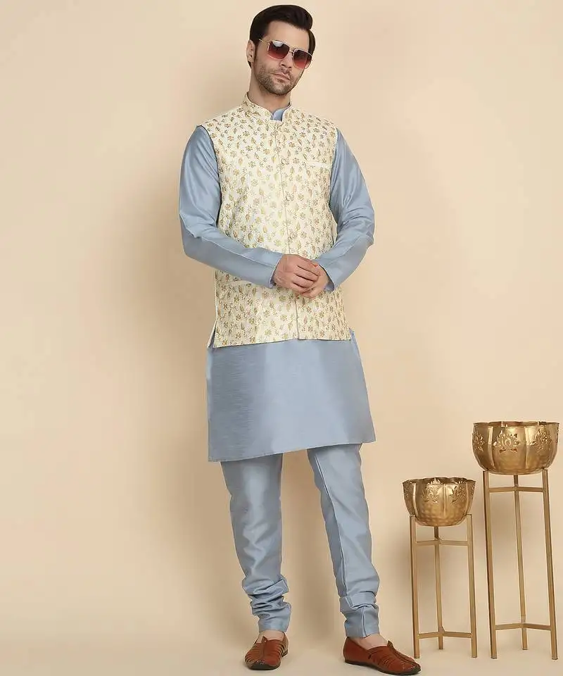 Silk blend solid sky blue kurta and churidar with zari embroidered cream nehru jacket