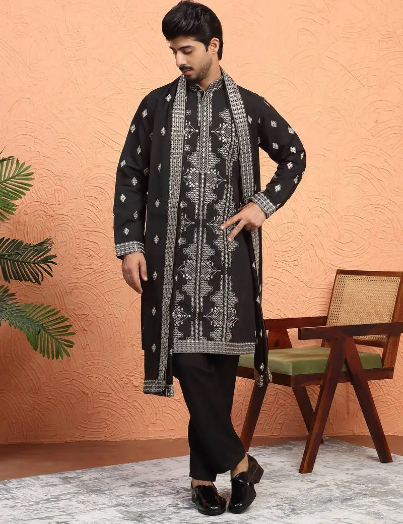 Cotton silk zari sequenced embroidered black kurta and trouser pant with dupatta