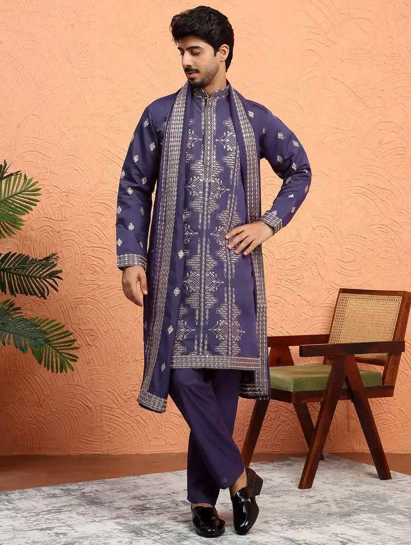 Cotton silk zari sequenced embroidered purple kurta and trouser pant with dupatta