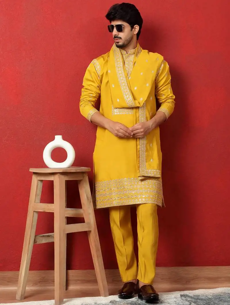 Cotton silk zari sequenced embroidered yellow kurta and trouser pant with dupatta