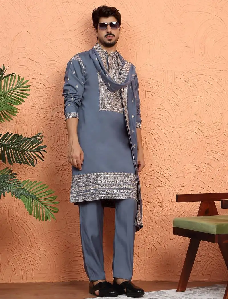 Cotton silk zari sequenced embroidered grey kurta and trouser pant with dupatta