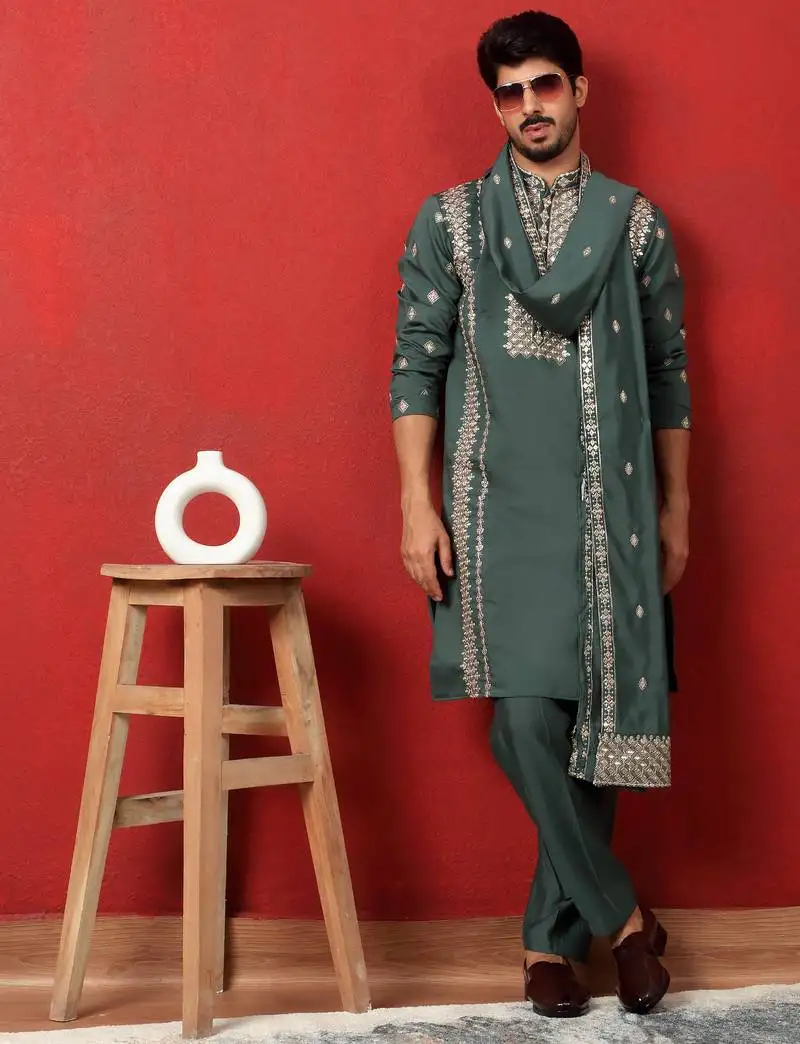 Cotton silk zari embroidered yoke design sequence green kurta and trouser pant with dupatta