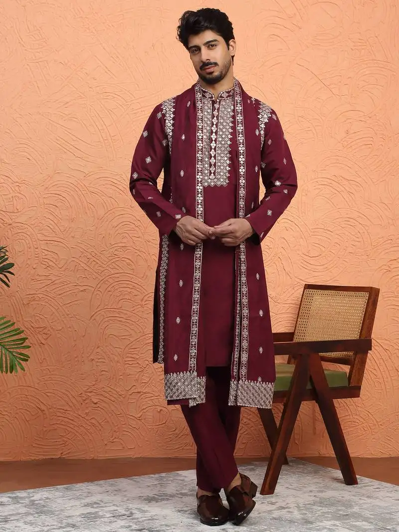 Cotton silk zari embroidered yoke design sequence maroon kurta and trouser pant with dupatta