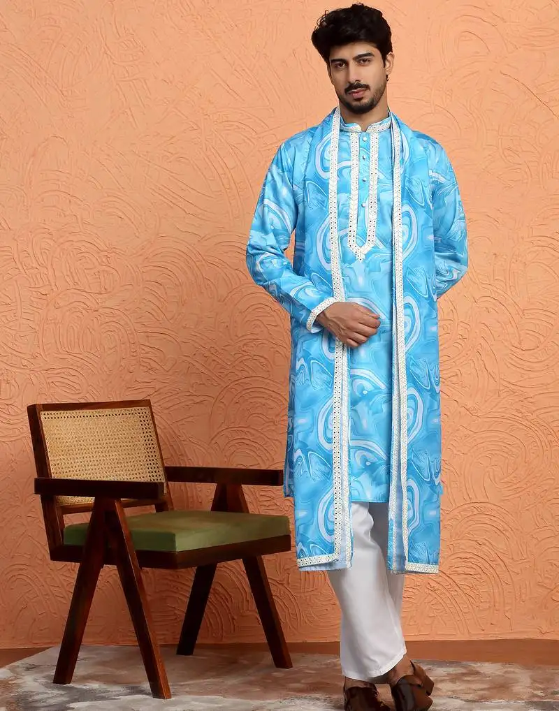 Cotton silk tie-dye printed sky blue kurta and trouser pant with dupatta