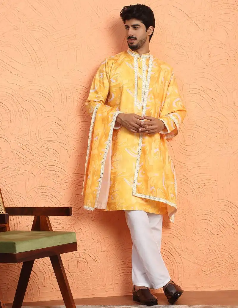 Cotton silk tie-dye printed yellow kurta and trouser pant with dupatta