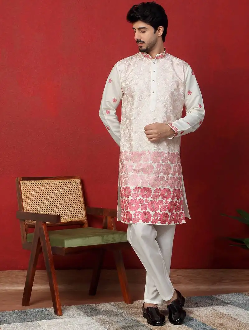Cotton silk floral embroidered ombre pink kurta with trouser pant