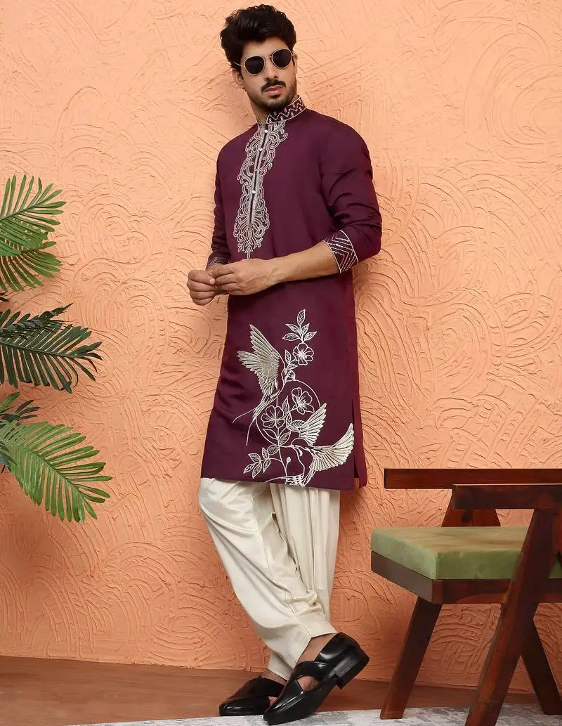Cotton silk zari work embroidered purple kurta with salwar