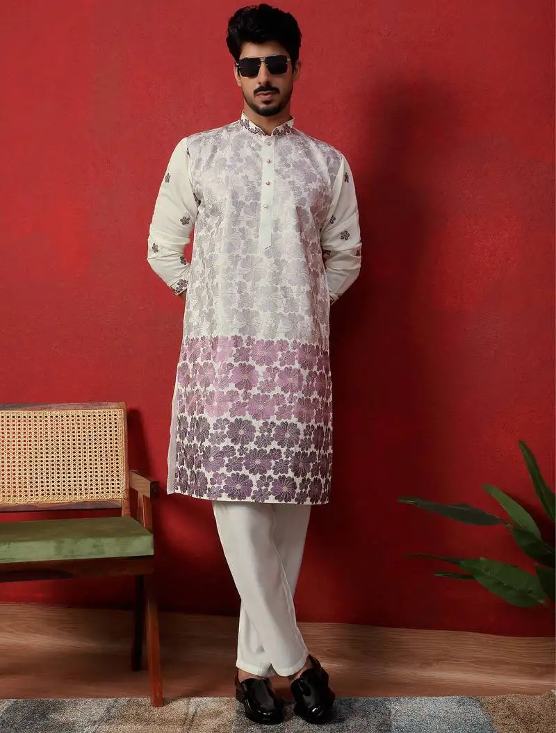 Cotton silk floral embroidered ombre purple kurta with trouser pant