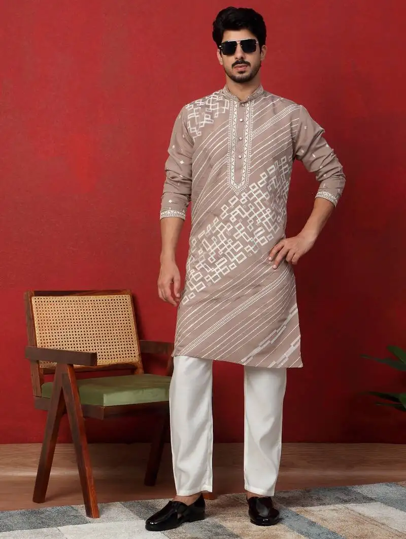 Cotton silk geometric sequence embroidered beige kurta with trouser pant