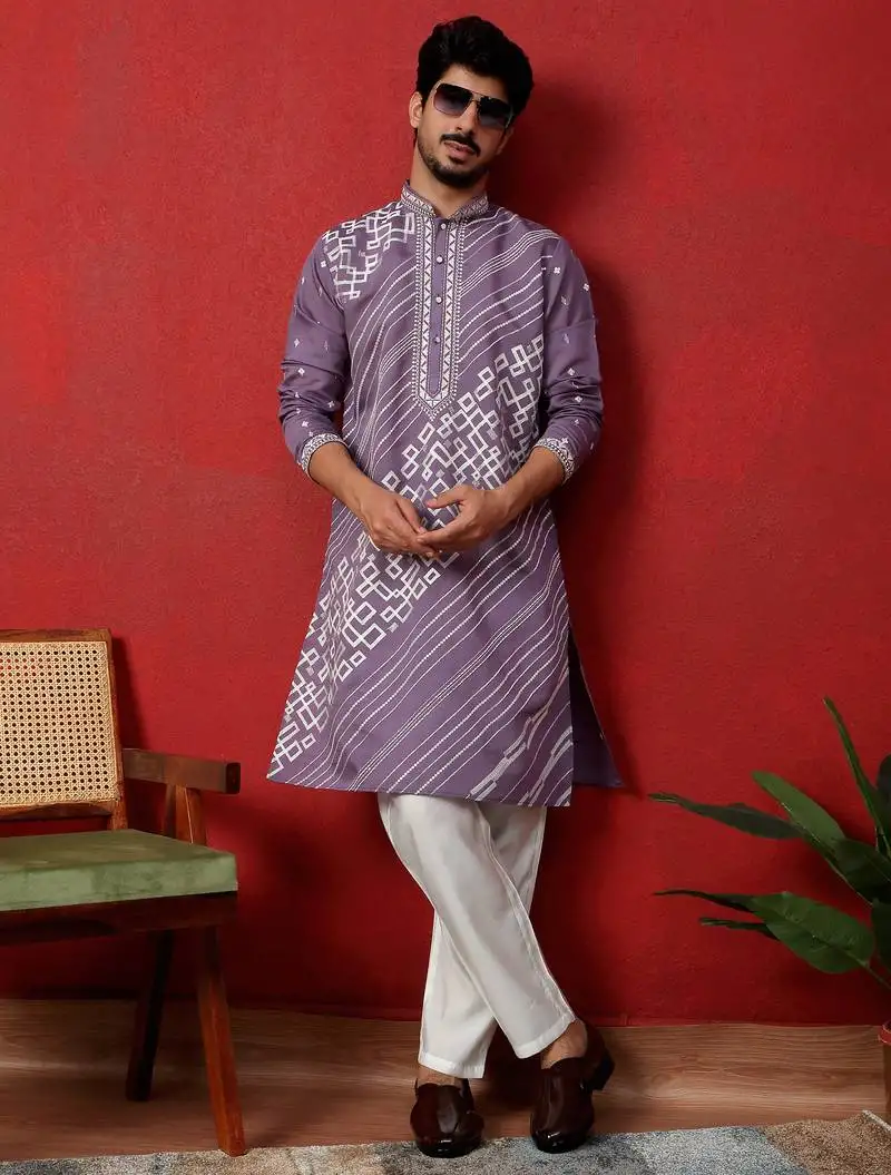 Cotton silk geometric sequence embroidered purple kurta with trouser pant