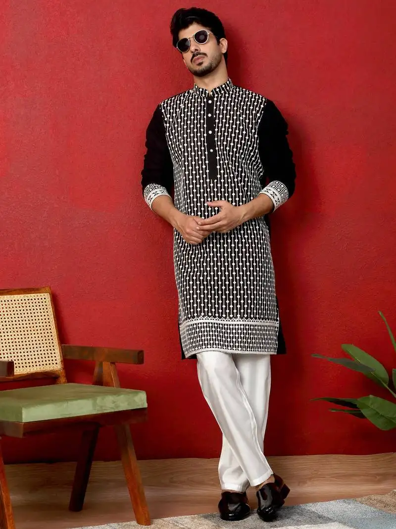 Georgette sequins & thread work embroidered black kurta with trouser pant