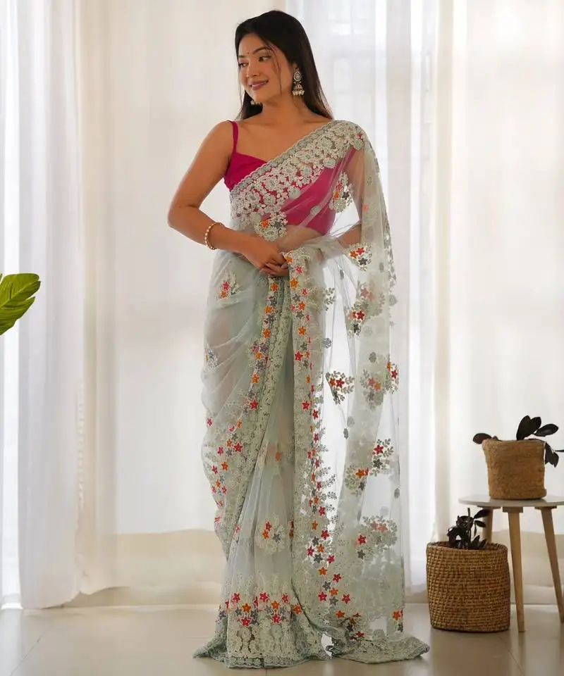 Blue color butterfly net fabric designer thread embroidery work ceremonial saree