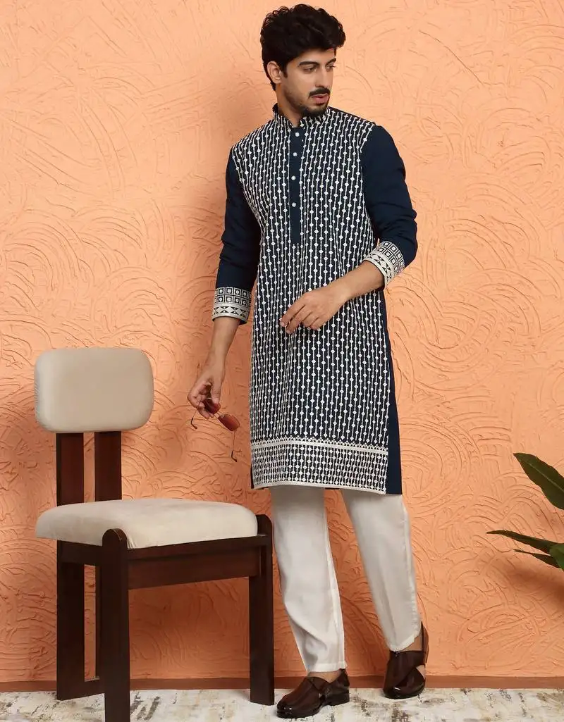 Georgette sequins & thread work embroidered blue kurta with trouser pant