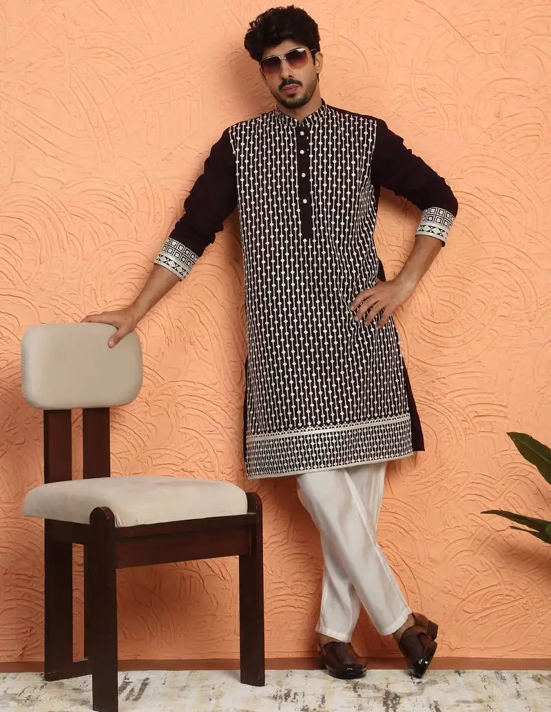 Georgette sequins & thread work embroidered wine kurta with trouser pant