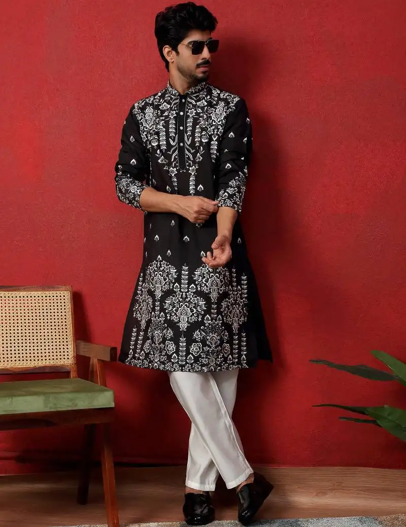Cotton silk floral embroidered black kurta with trouser pant