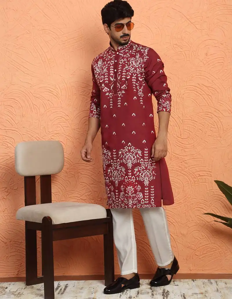 Cotton silk floral embroidered maroon kurta with trouser pant