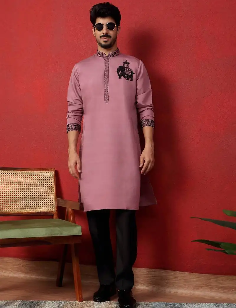 Cotton silk beads work animal motifs mauve kurta with trouser pant