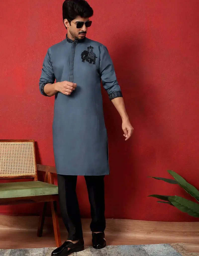 Cotton silk beads work animal motifs grey kurta with trouser pant
