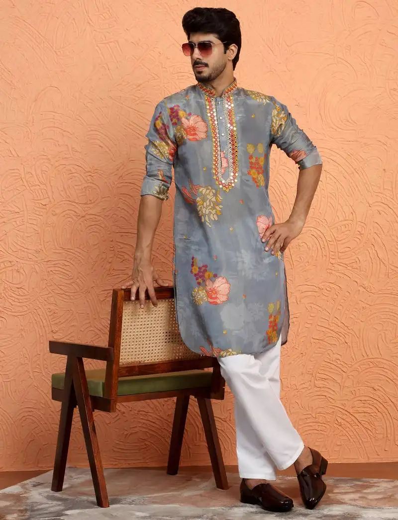 Silk yoke design floral mirror work grey kurta with trouser pant