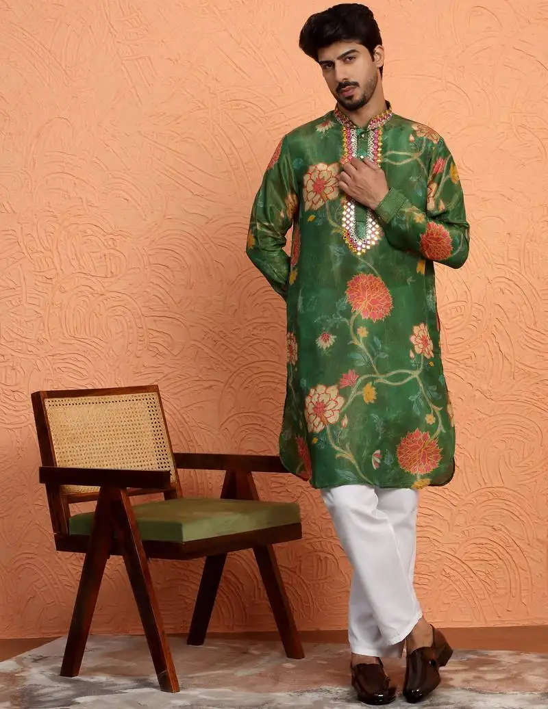 Silk yoke design floral mirror work green kurta with trouser pant