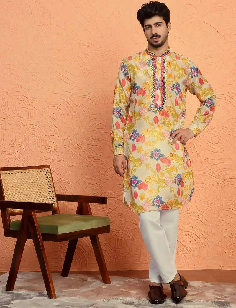 Silk yoke design floral mirror work beige kurta with trouser pant