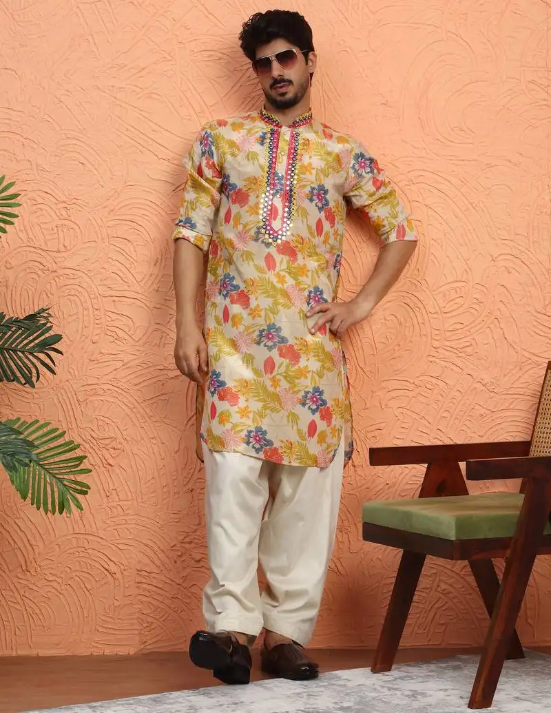 Silk yoke design floral mirror work beige kurta with salwar