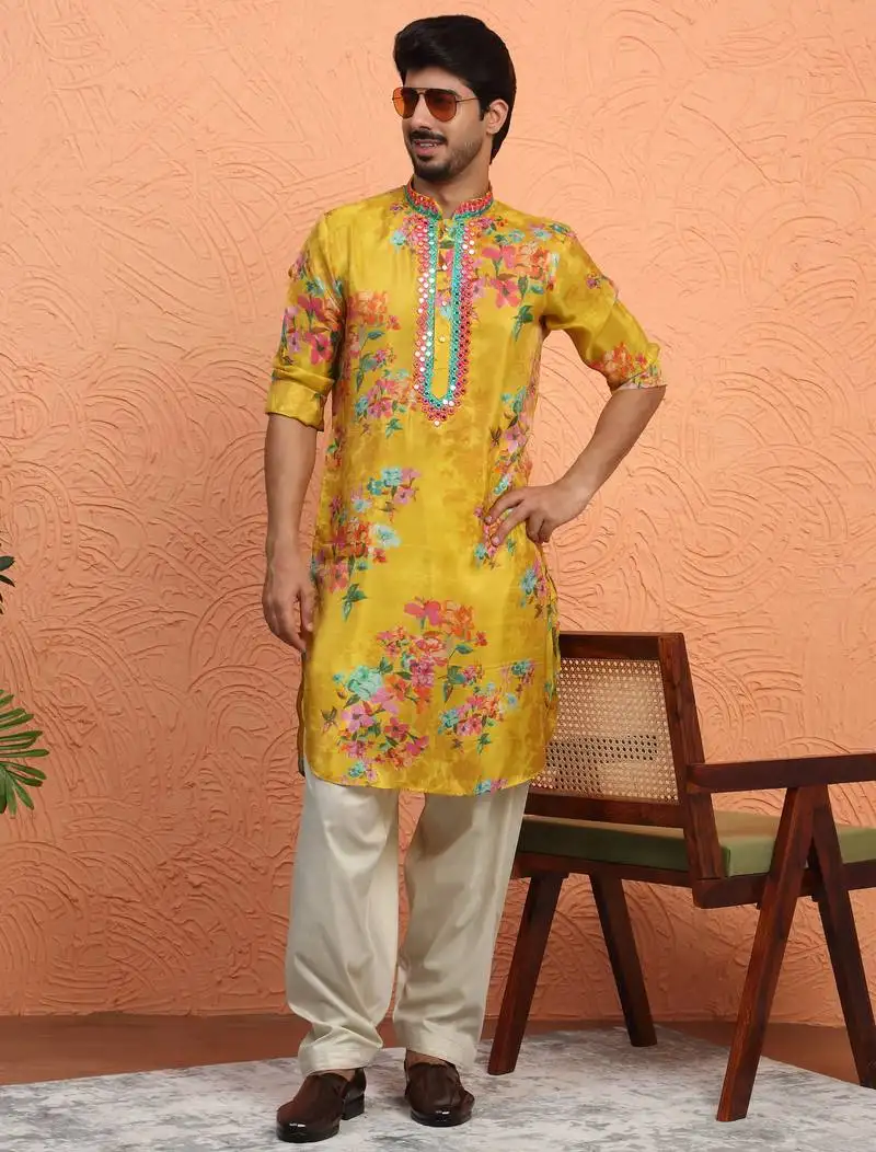 Silk yoke design floral mirror work mustard kurta with salwar