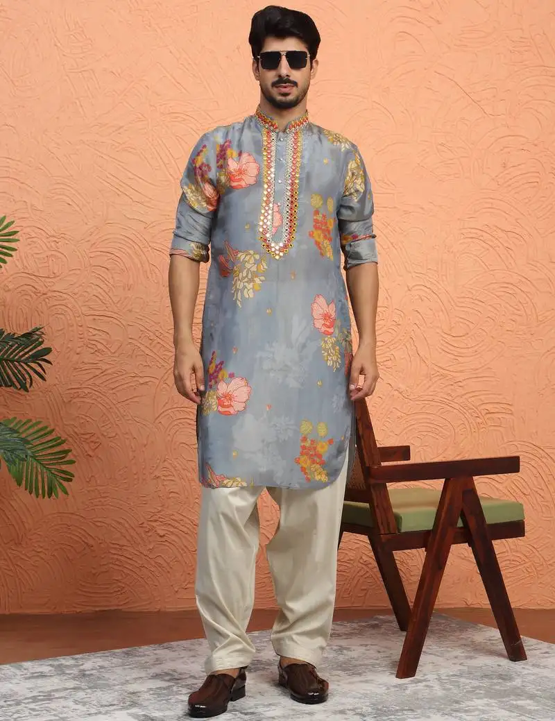 Silk yoke design floral mirror work grey kurta with salwar