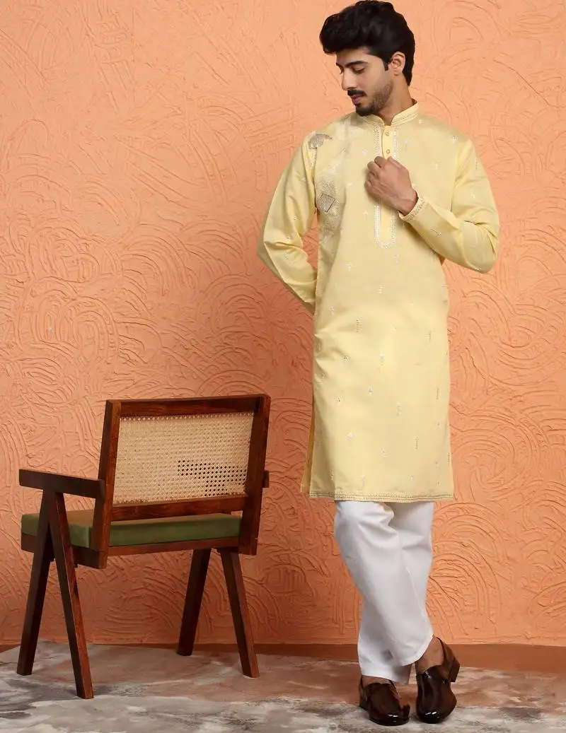 Cotton silk sequinced embroidered yellow kurta with trouser pant