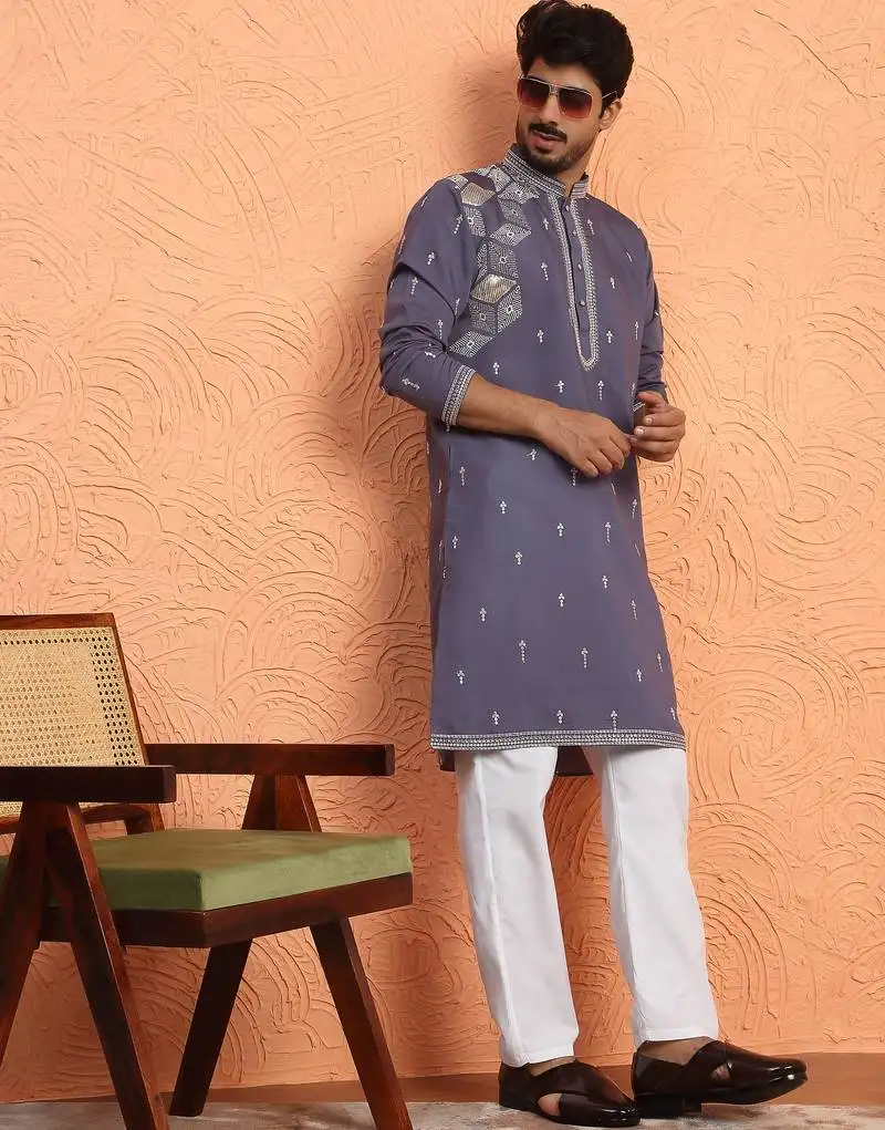 Cotton silk sequinced embroidered purple kurta with trouser pant