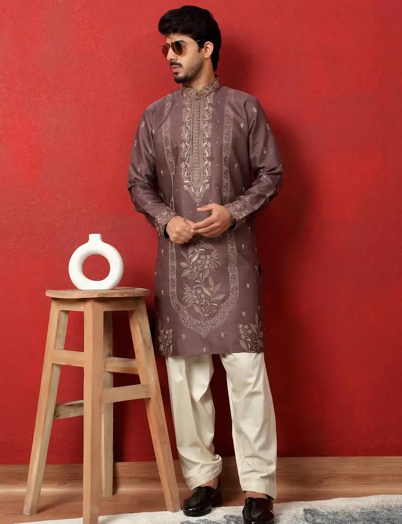 Cotton silk floral and zari embroidered mauve kurta with salwar