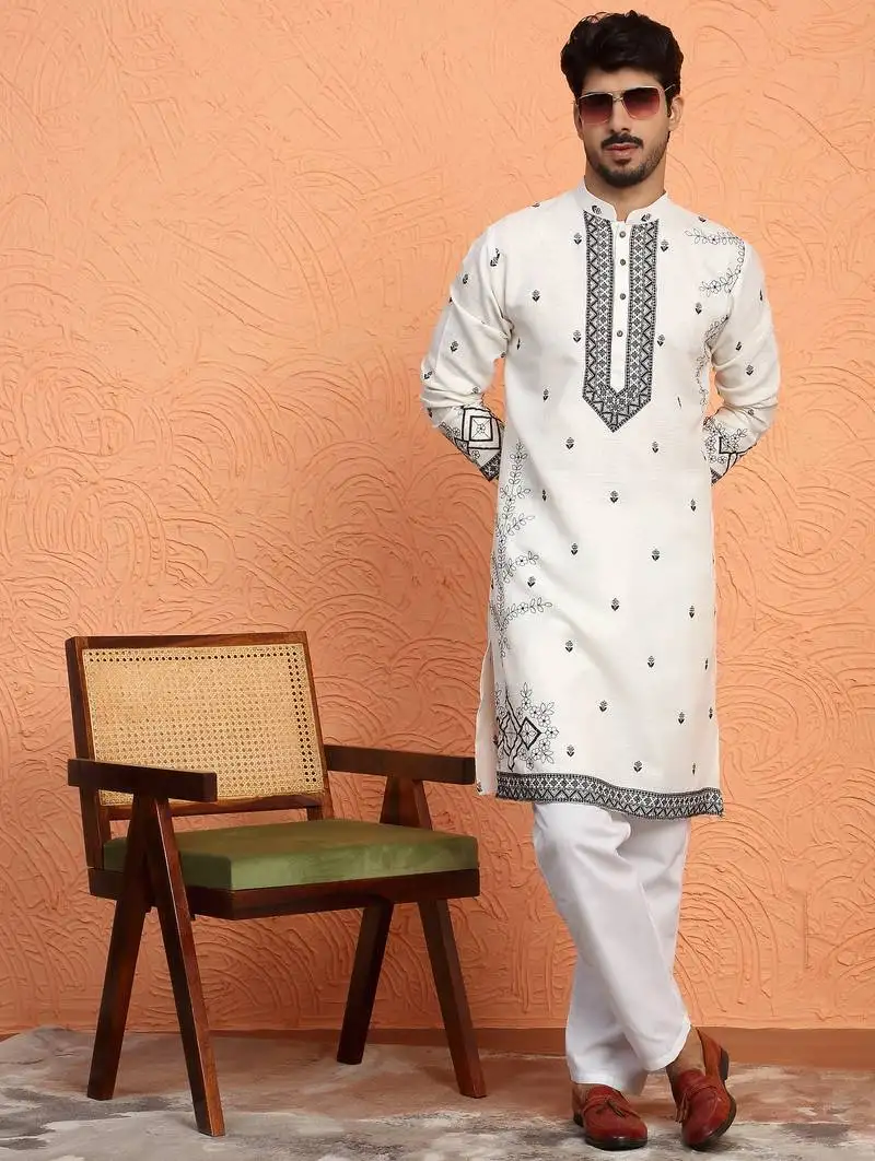 Cotton yoke design embroidered cream kurta with trouser pant