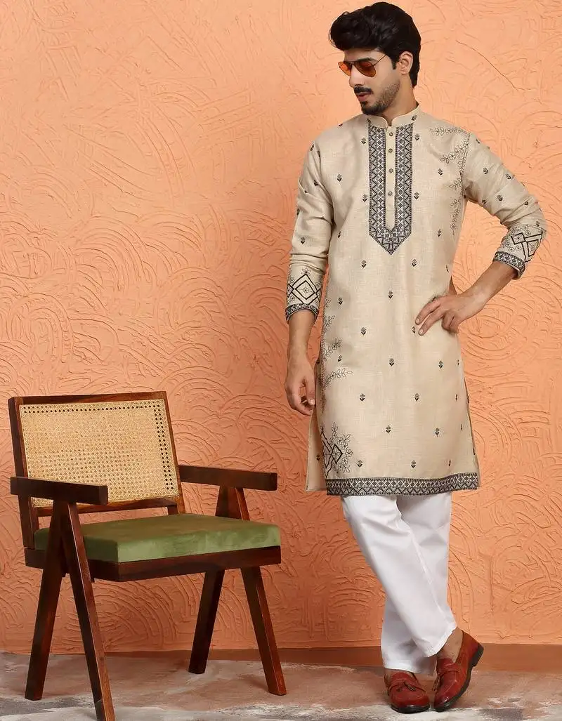 Cotton yoke design embroidered beige kurta with trouser pant