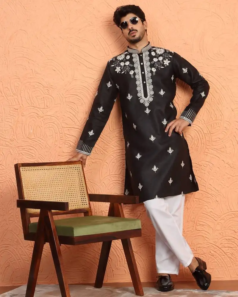 Cotton yoke design embroidered black kurta with trouser pant