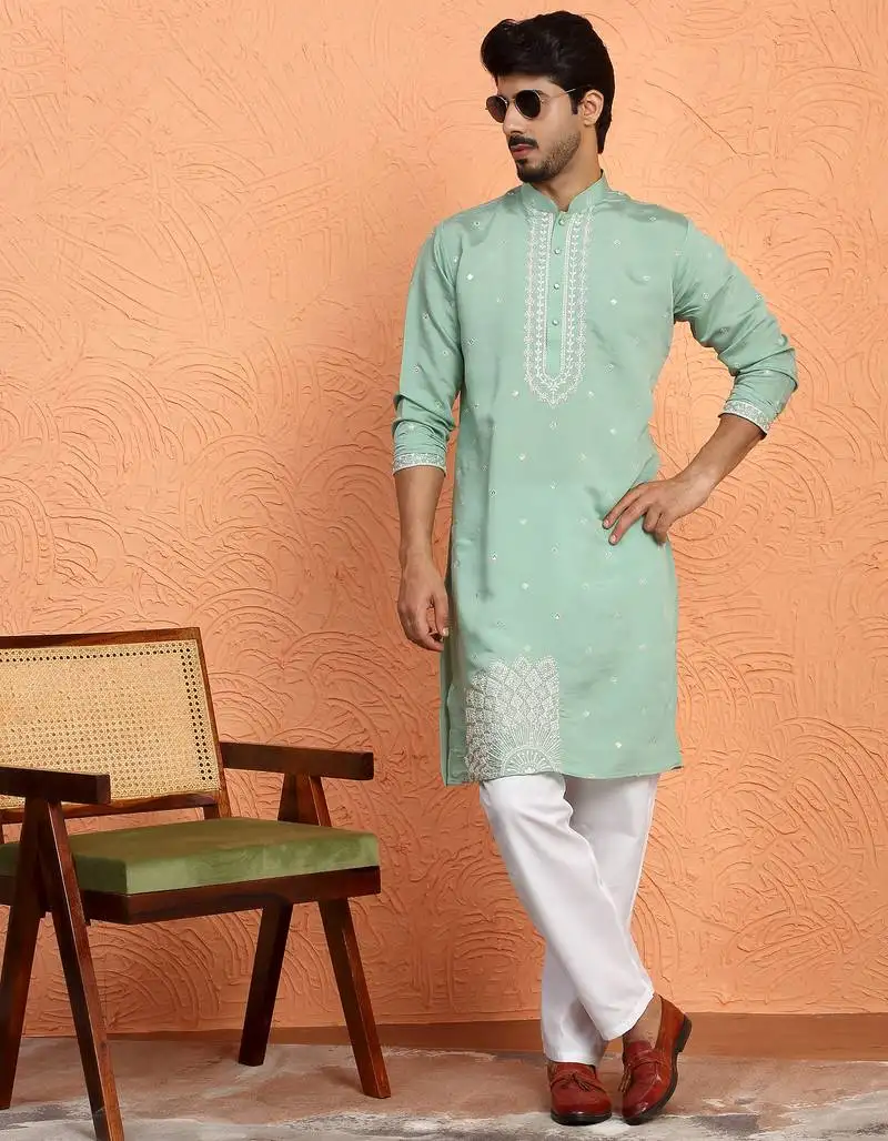 Cotton silk yoke design embroidered green kurta with trouser pant
