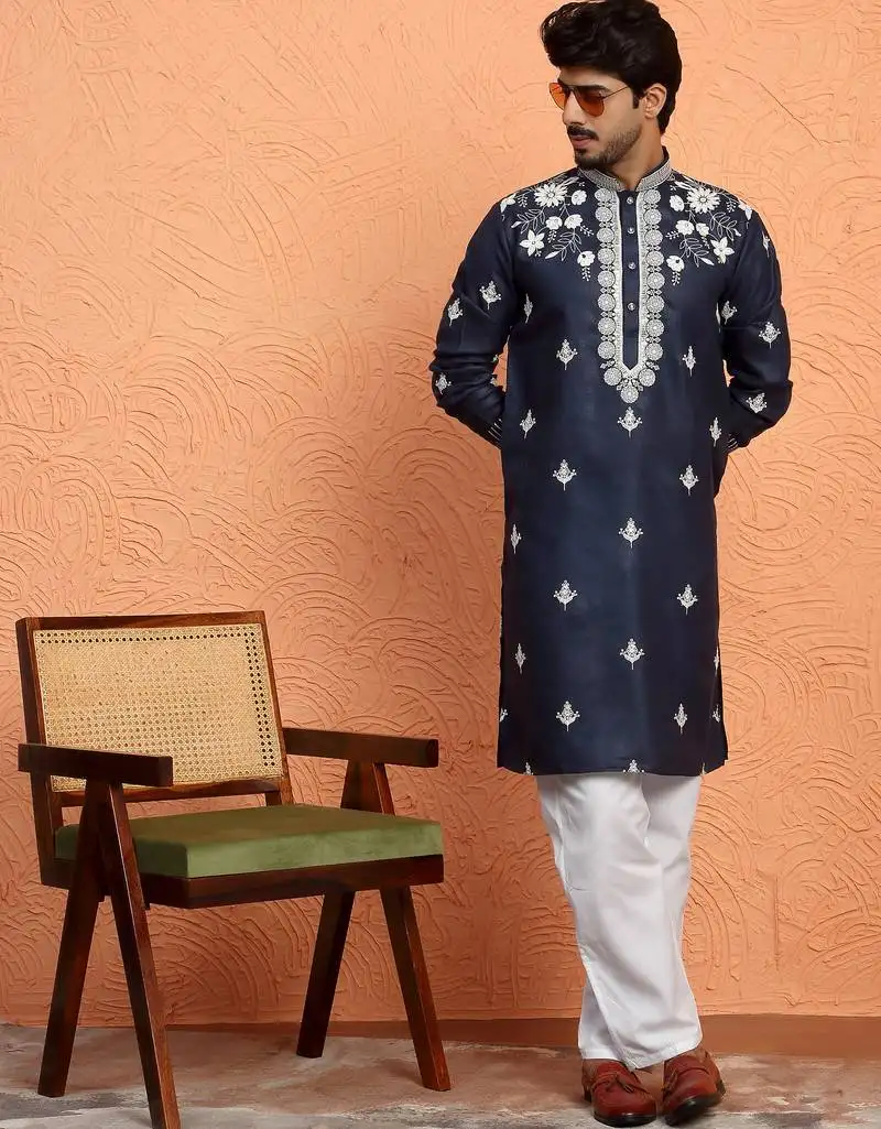 Cotton yoke design embroidered blue kurta with trouser pant
