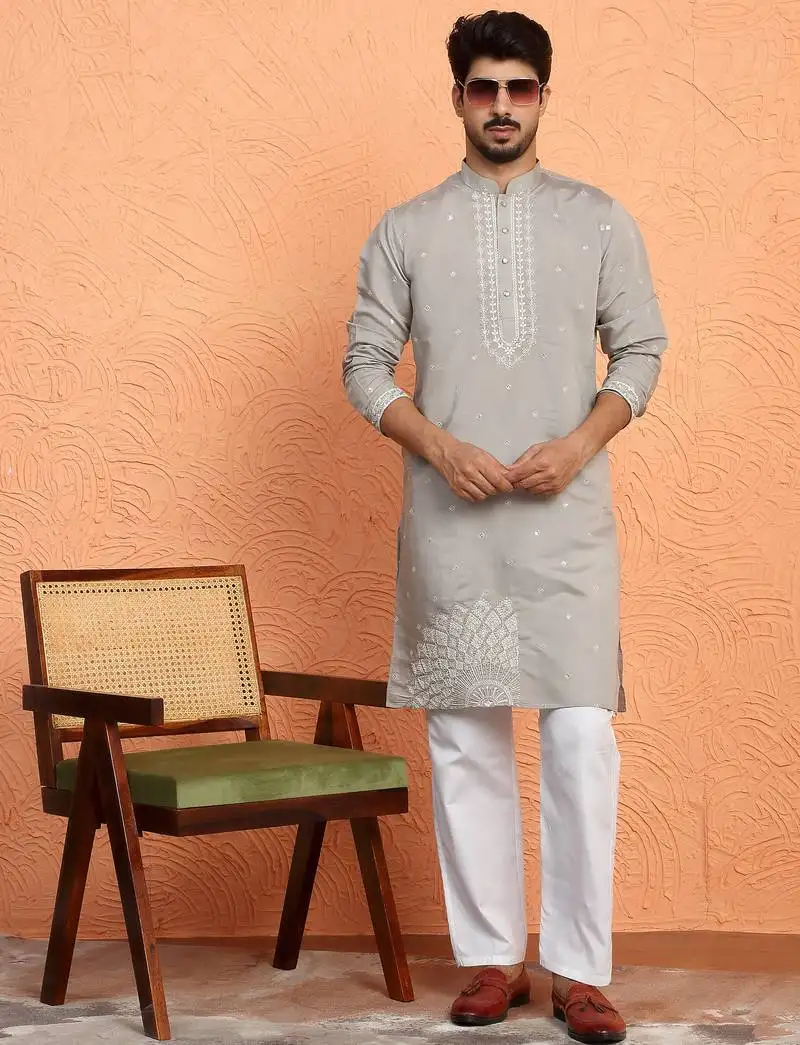 Cotton silk yoke design embroidered grey kurta with trouser pant