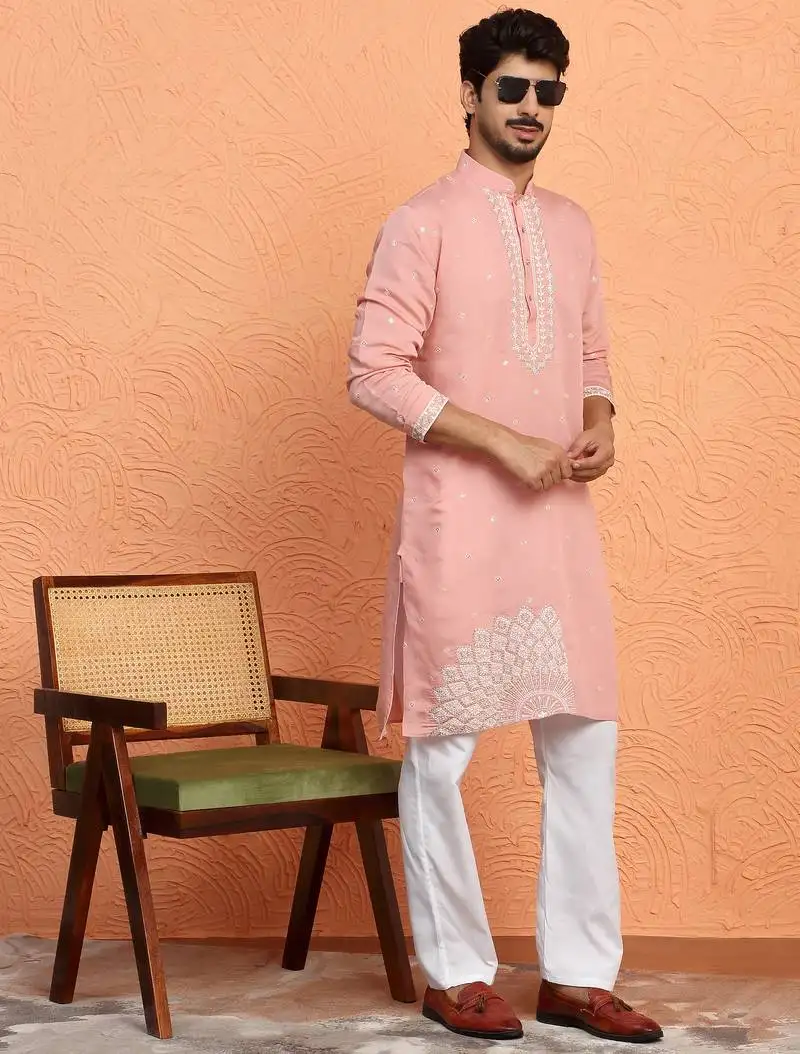 Cotton silk yoke design embroidered pink kurta with trouser pant