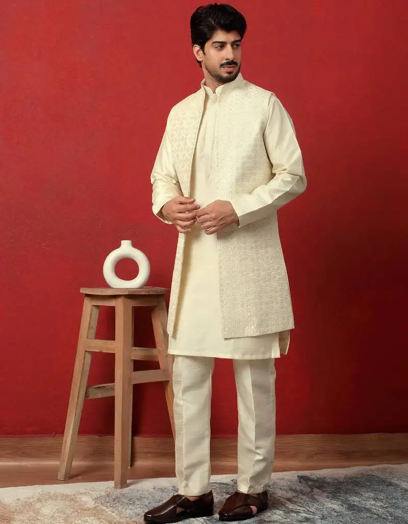 Silk blend cream kurta and trouser with long embroidered sequin nehru jacket