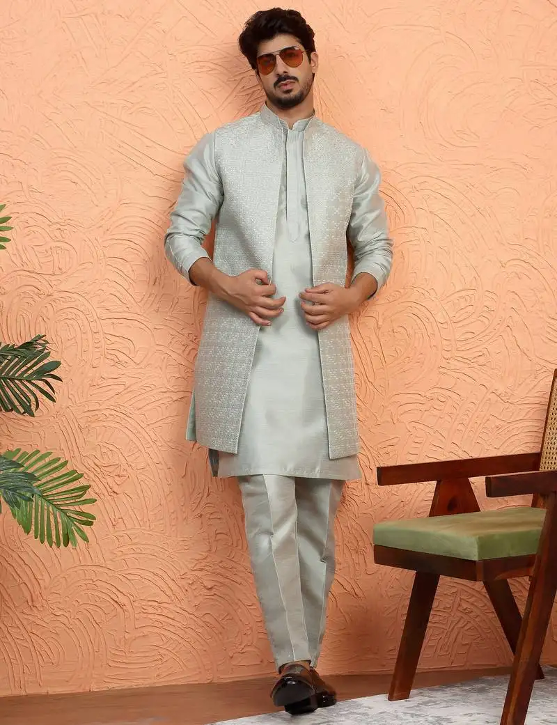 Silk blend green kurta and trouser with long embroidered sequin nehru jacket