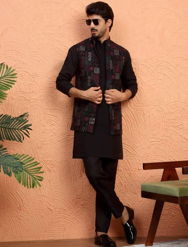 Silk blend black kurta and trouser with embroidered nehru jacket