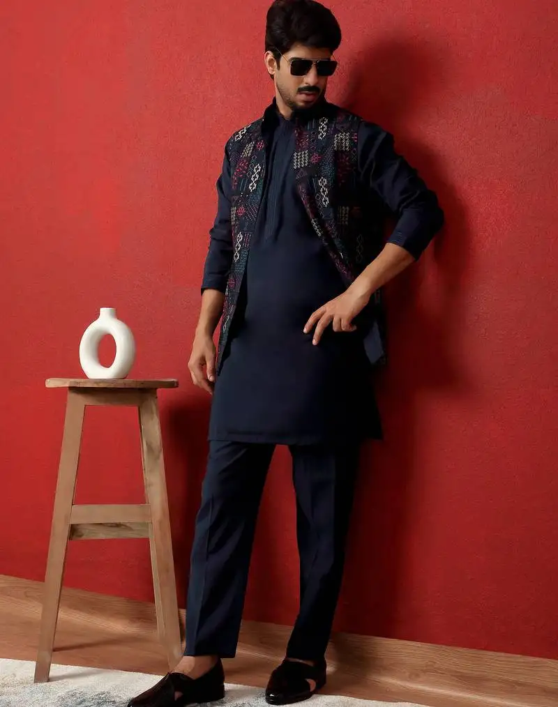 Silk blend blue kurta and trouser with embroidered nehru jacket